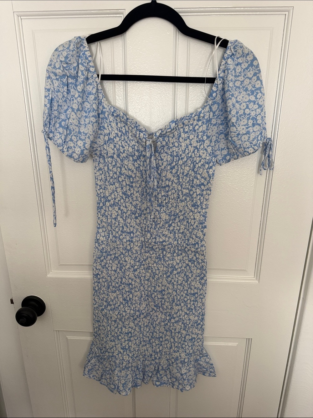 Lost + Wander Sky Blue Floral Puff-Sleeve Mini Dress